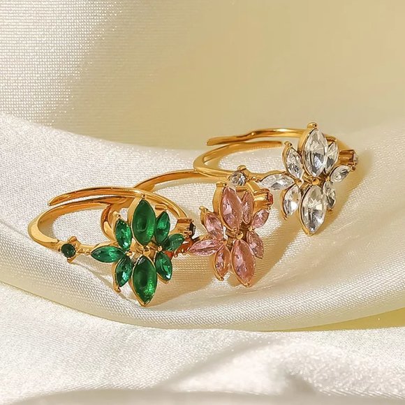 Green Flower Zircon Ring 18k Gold Adjustable - Picture 5 of 6